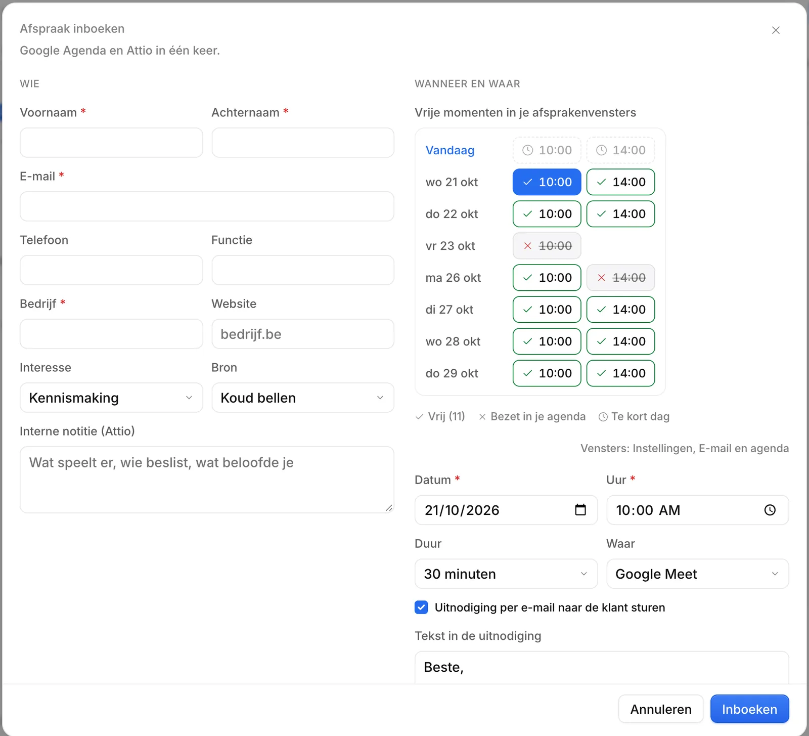Het venster om een afspraak te boeken in Ringlane, met vrije momenten uit Google Agenda.