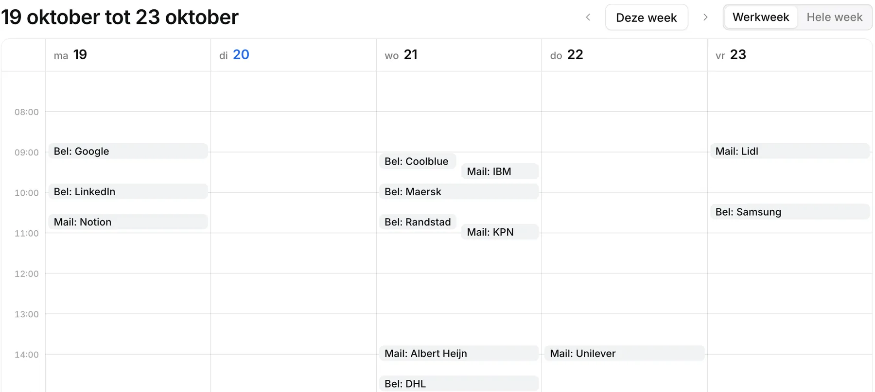De agendaweek in Ringlane met geplande telefoontjes en mails per bedrijf.