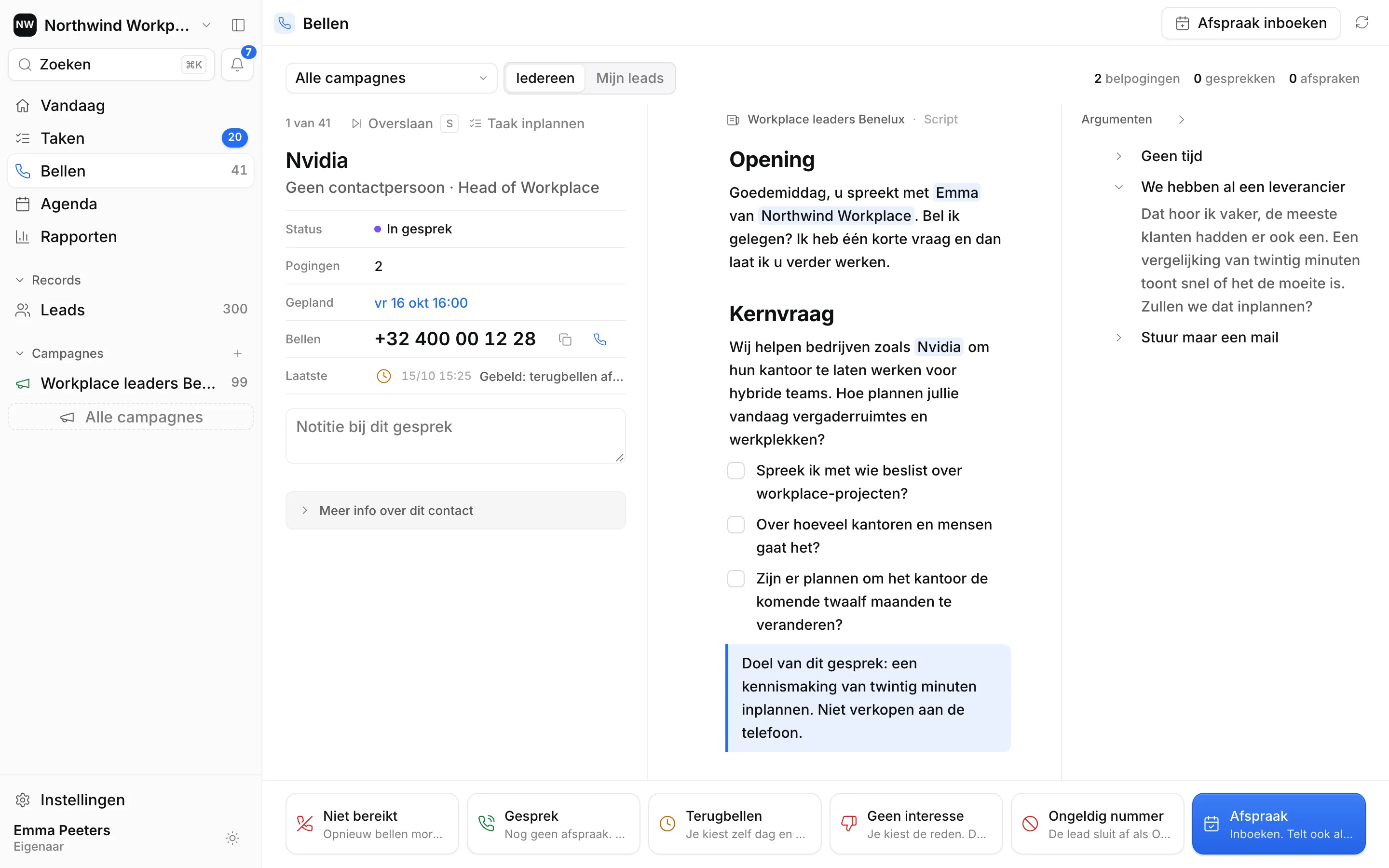 Het belscherm van Ringlane met de lead, het script met checklist en het paneel met argumenten.