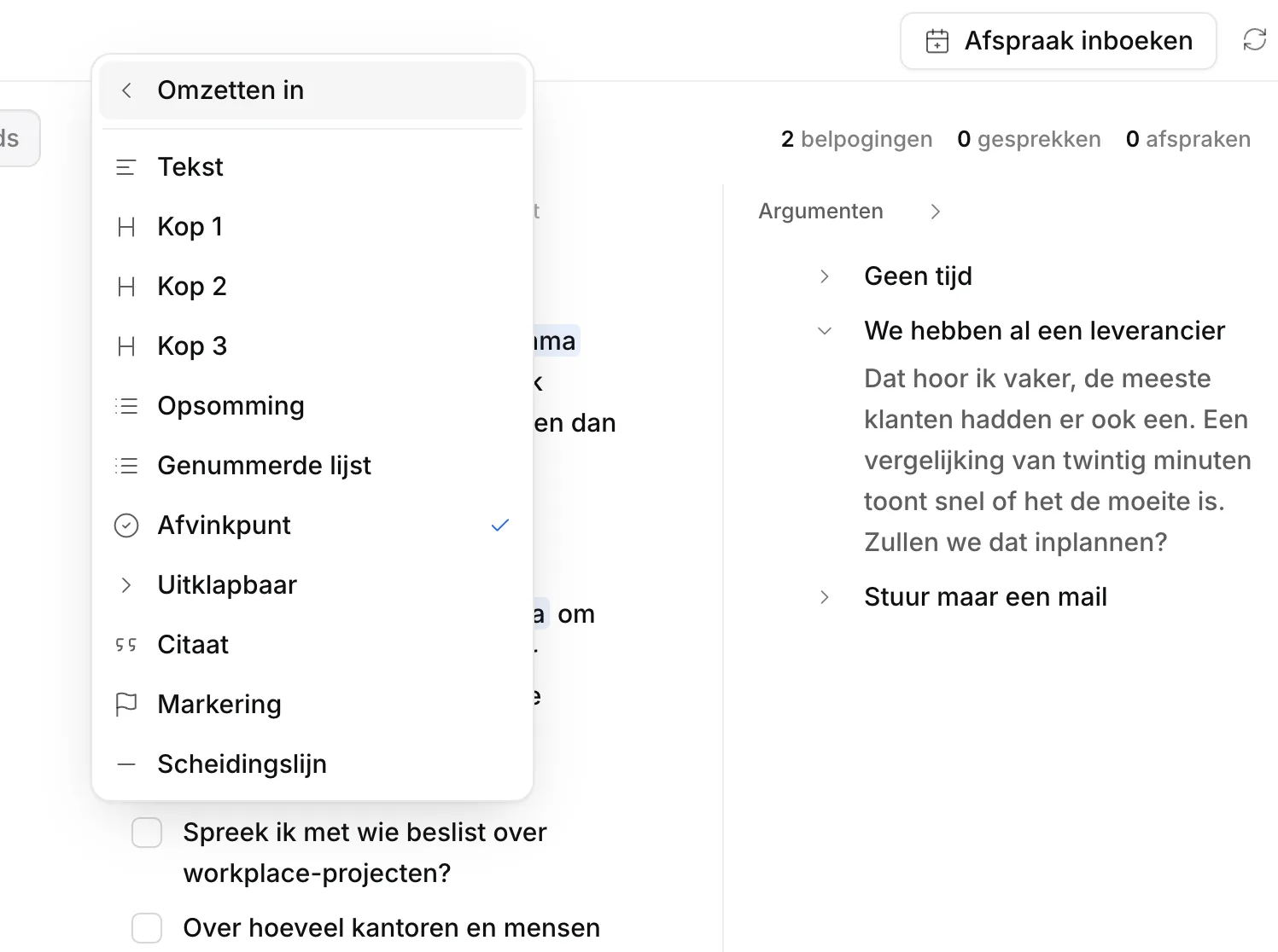 De scripteditor van Ringlane met het blokmenu: tekst, koppen, lijsten, checklist, uitklapblok, citaat, accent en scheidingslijn.