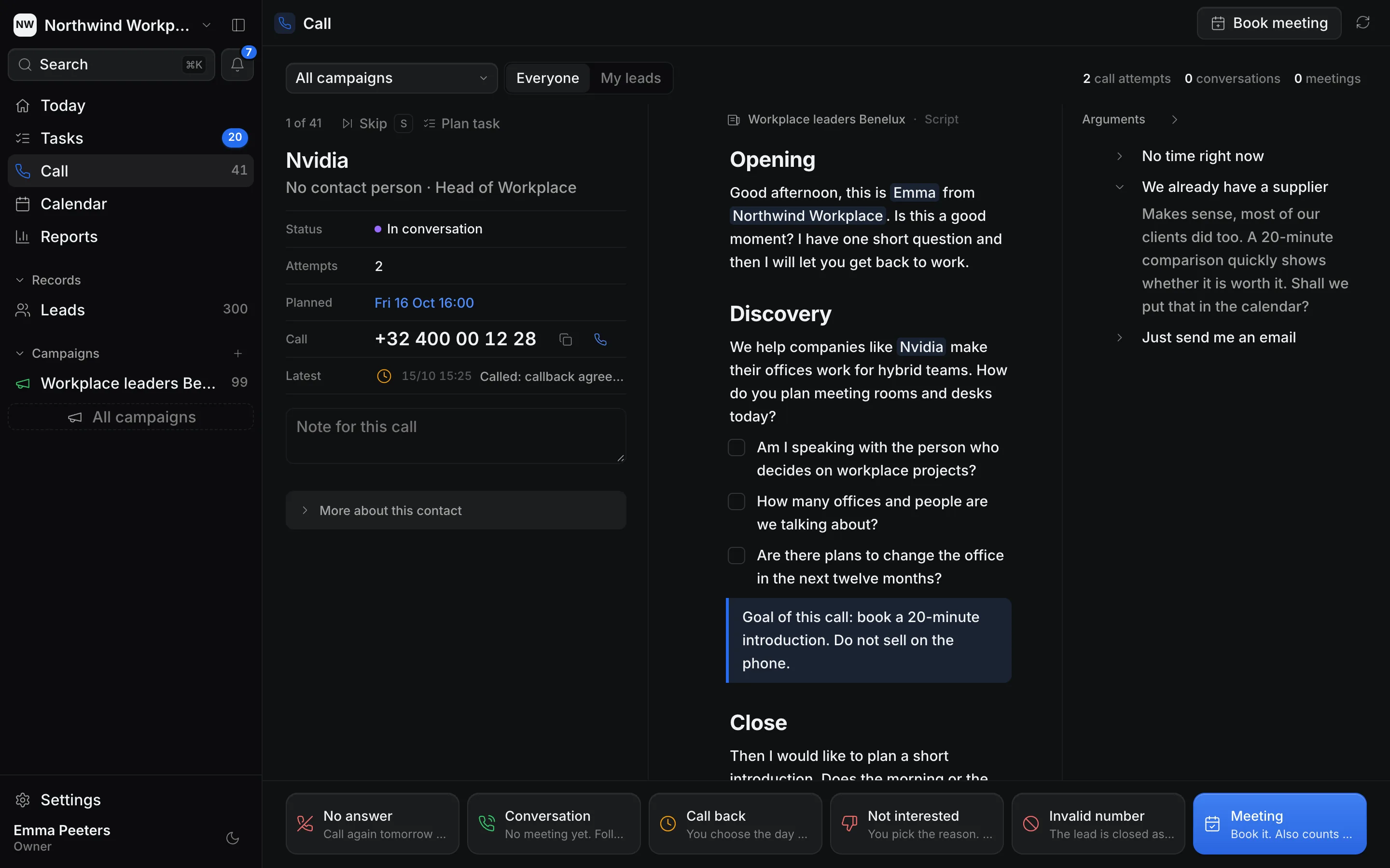 The Ringlane calling screen: the lead, the call script, the arguments panel and one-key call outcomes.