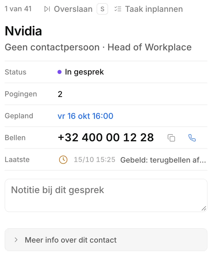 De leadkaart in Ringlane met het telefoonnummer om op te klikken.