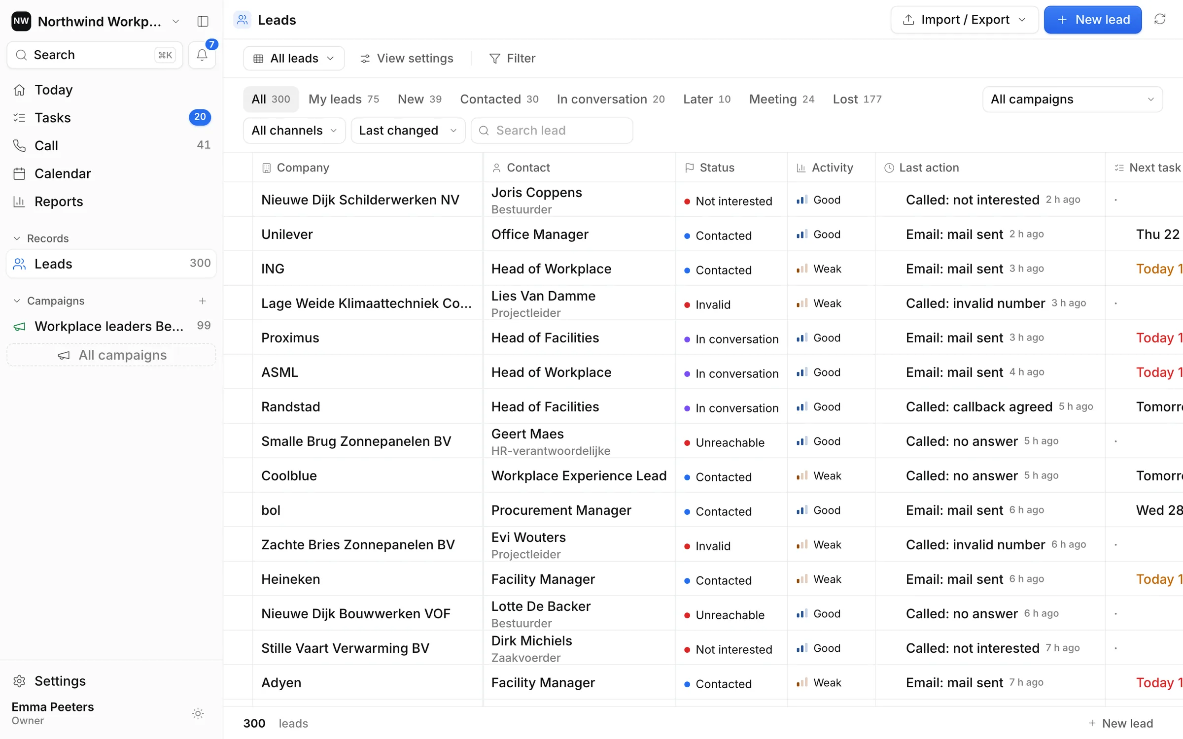 The Ringlane leads list with status, last action and next task per company.